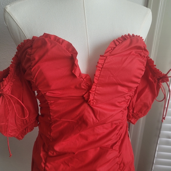 For Love & Lemons Jackson Red Ruched Off-the-Shoulder Mini Dress Size Small Red - Picture 3 of 5